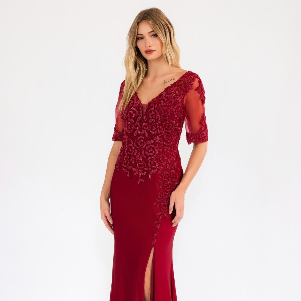 New Burgundy Beads Embellished Long Mother Of Bride Gown w/ 3/4 Sleeves JTM15L